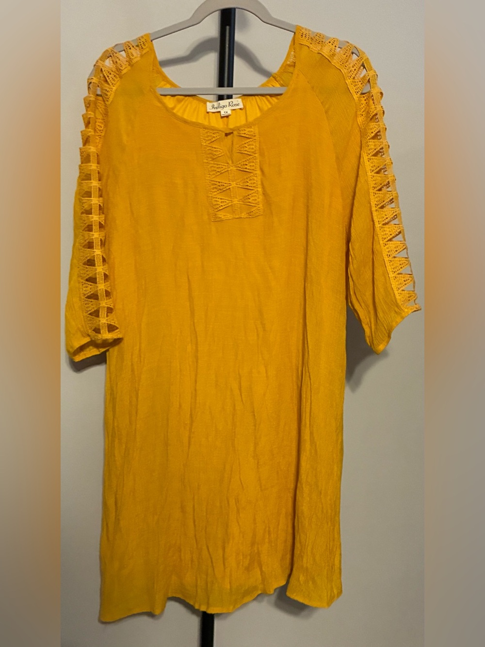 Indigo Rose Crochet-Sleeve Mustard Mini Dress Plus 1X